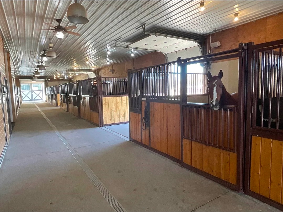 Finished custom horse stable interior with wood and steel stalls