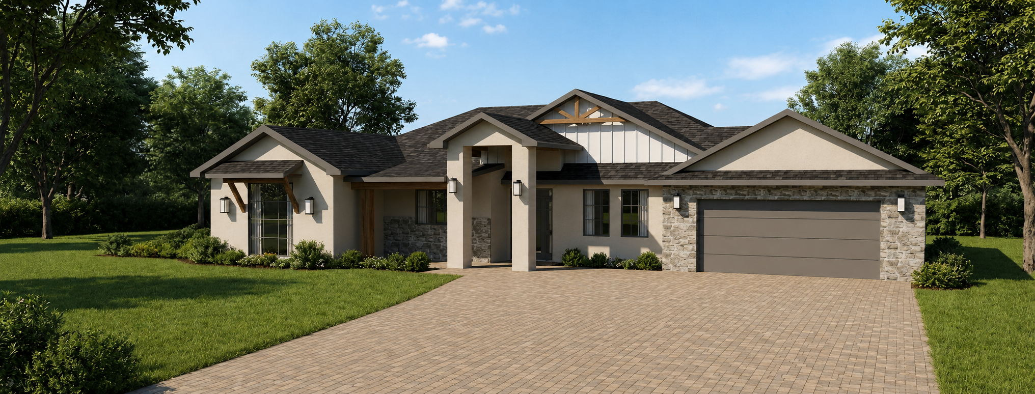 Photorealistic custom home design with a finished brick driveway