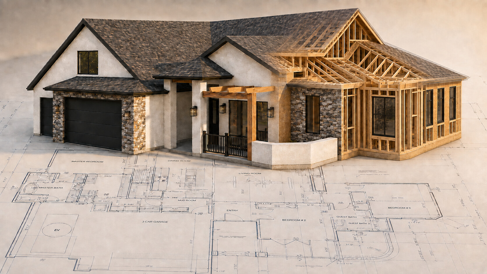 Creative Design Builders custom home rising from its floor plan with detailed wall and roof framing and an installed window visible across the right third