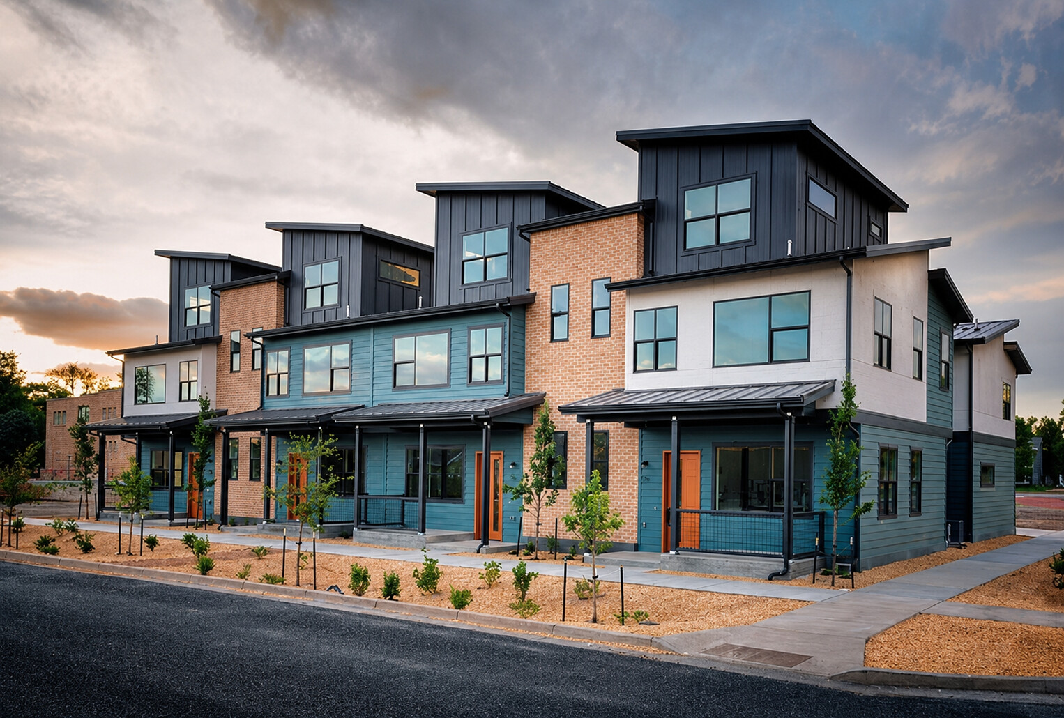 Modern fourplex with brick, varied rooflines, and covered entries