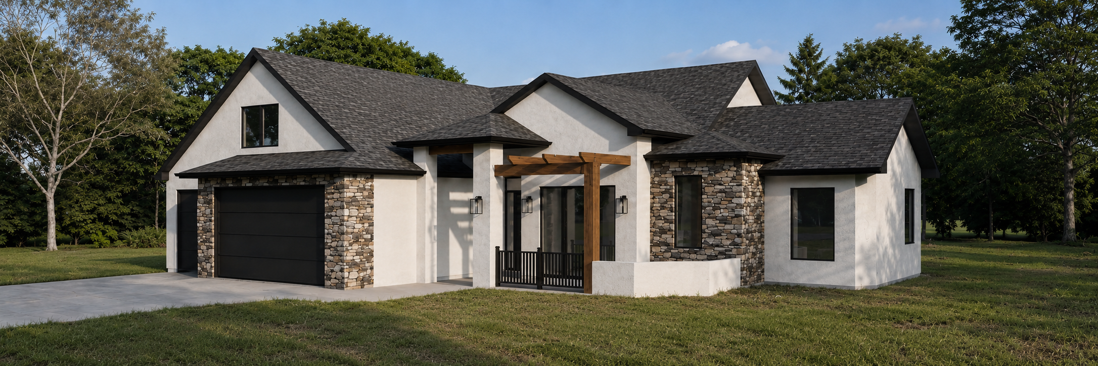 Contemporary custom home with stone, stucco, and timber details